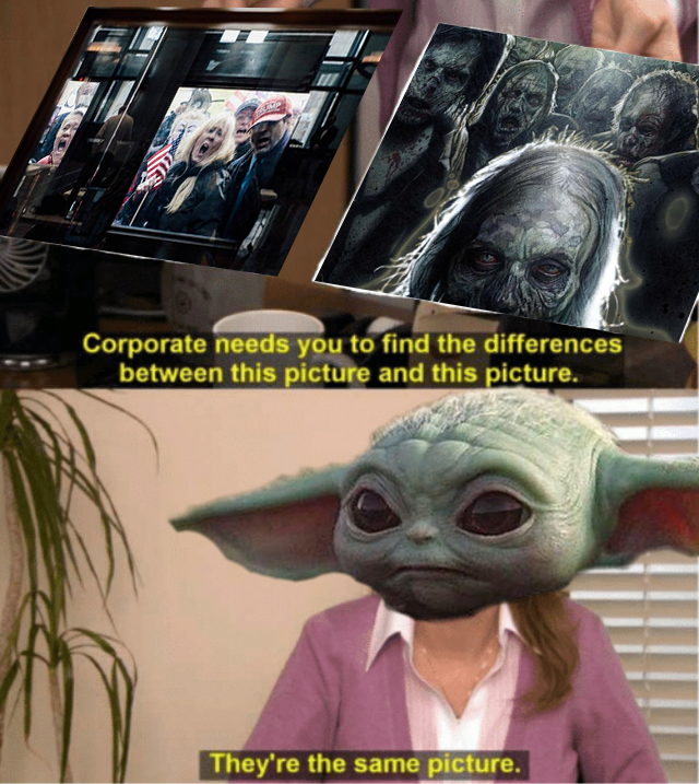 This meme is a comparison between two images. The top image shows a group of people with zombie-like faces, while the bottom image shows a group of people with similar zombie-like faces. The text at the top of the image says "They're the same picture" and the text at the bottom of the image says "They're the same picture".